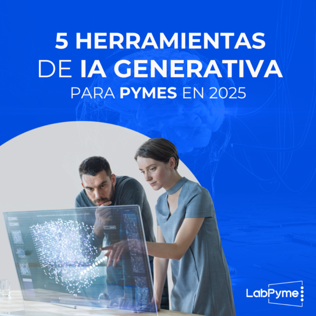 Dos personas analizando información en una computadora con Inteligencia Artificial Generativa.